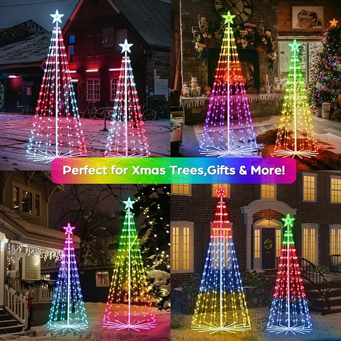 Smart Christmas Tree Lights with App & Remote Control, RGB Color Changing LED Cone Tree Lights, Music Sync, Custom Light Show, Waterproof Outdoor Decoration for Xmas, New Year, Parties (Set 2:5FT+6FT)