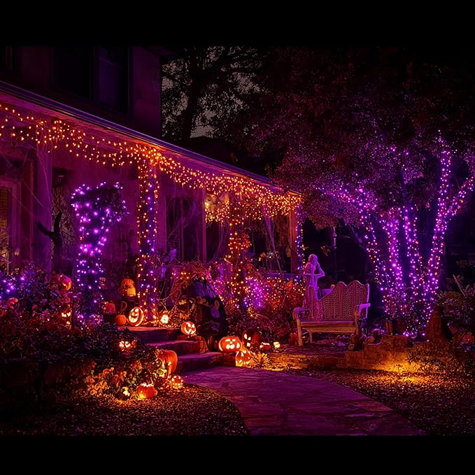 TW SHINE Halloween Lights, 600 LED 196FT Halloween String Lights Plug-in with 8 Modes Timer and Remote, Waterproof Outdoor Decorations for Haunted House Party Yard Decor, Purple and Orange