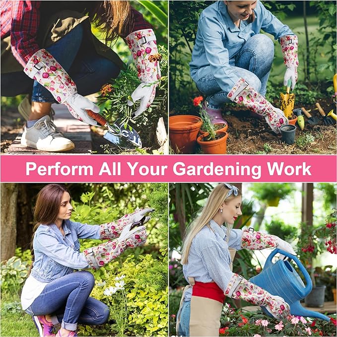 DLY Gardening Gloves for Women, Rose Gloves Gardening Thorn Proof, Long Garden Gloves for Women, Breathable Cowhide Leather Gauntlet(Medium,White)