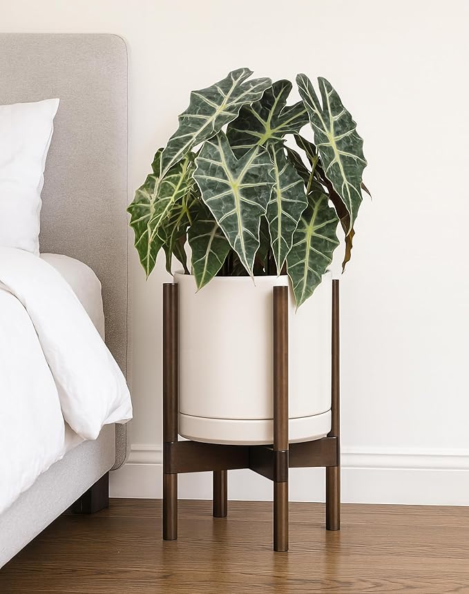 D'vine Dev Ceramic Planter with Walnut Color Stand - 10 Inch Modern Round Flower Pot with Wood Planter Holder, Oatmeal, 55-B-X-8