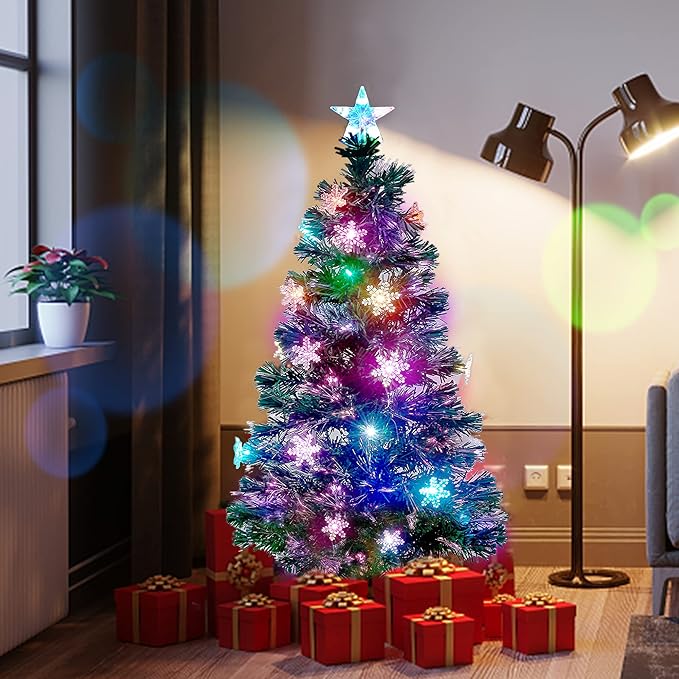 Juegoal 5 ft Pre-Lit Artificial Christmas Tree, Lighted Optical Fiber Xmas Trees with RGB Color Changing LED Lights, Snowflakes & Top Star, Festive Party Holiday Fake Multicolored Tree with Metal Legs