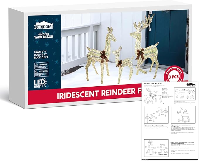 JOIEDOMI 3 Pcs Christmas Iridescent Reindeer Family Set Yard Light Decorations, 360 LED Warm White Lights with Metal Stakes for Indoor Outdoor Garden Holiday Décor, Christmas Eve Night Décor