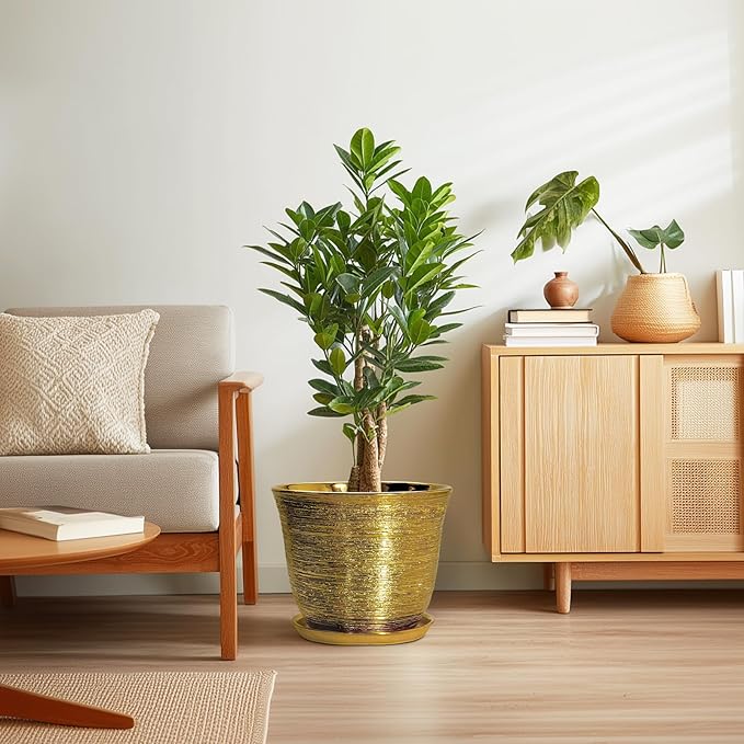 Ceramic Pots for Plants - 12 Inch Planter for Indoor Outdoor, Round Plant Pot with Drainage Hole and Saucer, Decorative Large Planter, Modern Flower Pots, House Decor, Garden Gifts, Gold