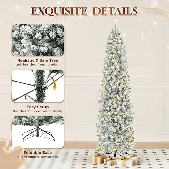 HOLLO STAR 9 ft Flocked Prelit Christmas Tree with 546 LED Lights, App Control, Skinny Artificial Pencil Christmas Tree, Multi-Color RGBW Lights, 1294 Branch Tips, for Small Space, Home, Party