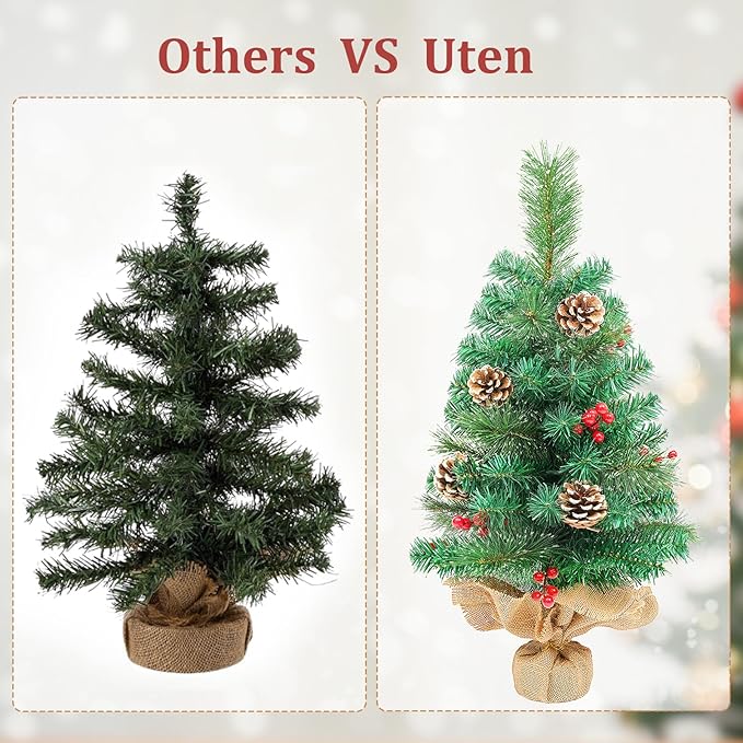 Uten Mini Pine Cone and Nut 2FT Artificial Tree with Semi-Circular Base - Small Christmas Tree for Home, Office, Party