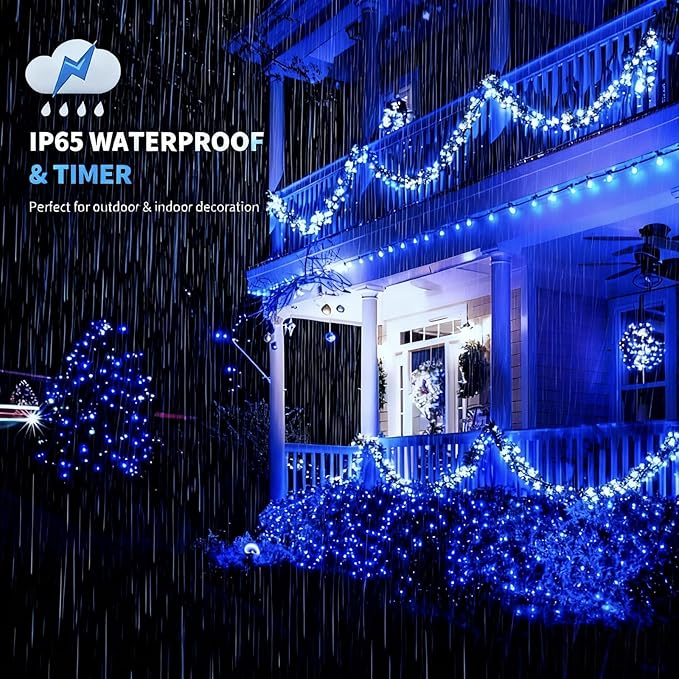 105FT 300 LEDs Blue White Christmas Lights Outdoor Indoor, Waterproof Christmas Tree Lights, 8 Lighting Modes with Memory and Timer