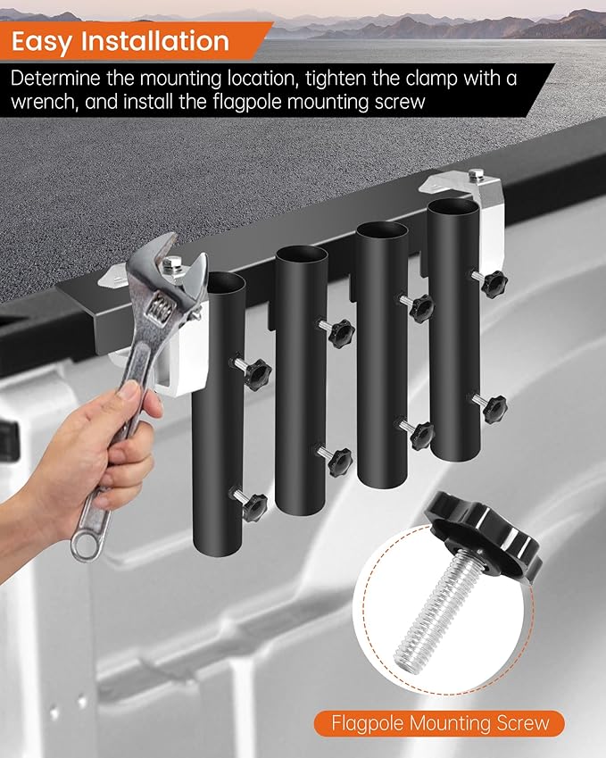 4-Hole No-Drilling Shovel Holder for Truck, Side Flag Mount for Truck, Shovel Rack for Truck Accommodates diameters up to 1.8" Flag Pole, Trimmers, Rakes, Shovels, Other Lawn Tools