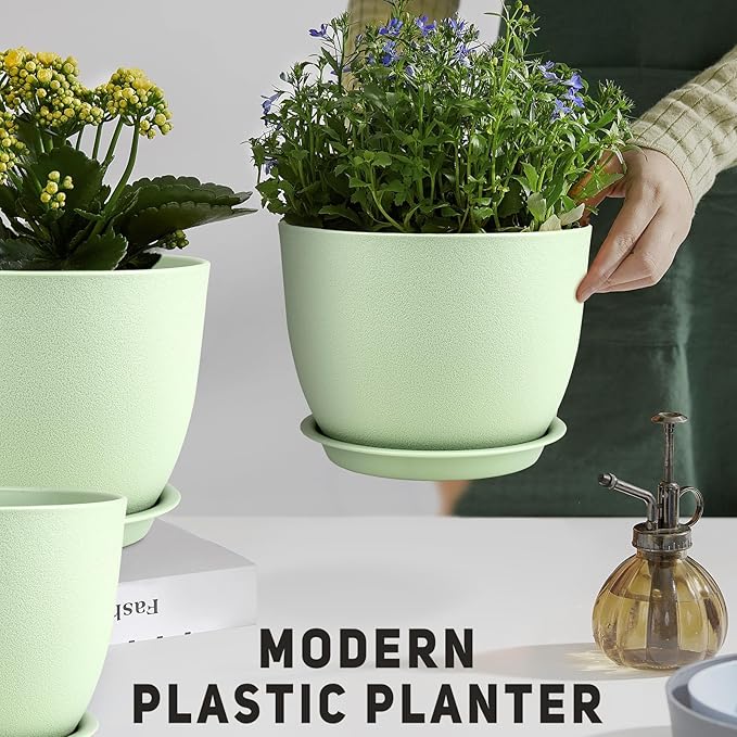 Plant Pots 12/10/9 inch Set of 3, Flower Pots with Multi Mesh Drainage Holes, Large Planters for Indoor Outdoor Garden Plants and Flowers. (Green)