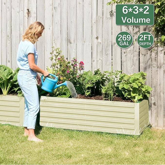 FOOWIN 2pcs 6x3x2ft Galvanized Raised Garden Bed, Planter Raised Garden Boxes Outdoor, Large Metal Raised Beds for Gardening, Garden Bed for Vegetables, Flowers, Herb, Cream Yellow
