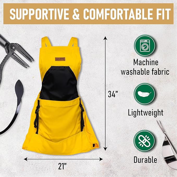 Grampa's Garden Apron - Cross Back Gardening Apron With Pockets For Women & Men | Harvest Apron with Large Kangaroo Pouch