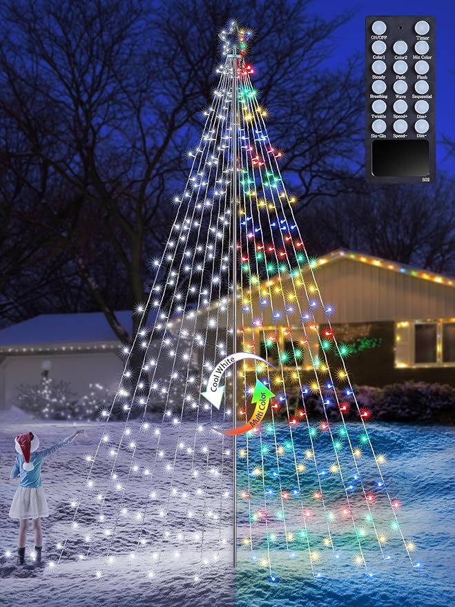 Lomotech Color Changing Christmas Tree Lights - 16Ft 664 LED with 10.5" Topper, Remote Controll Waterproof Iron Pole Waterfall Lights for Outdoor Christmas Decorations (White to Multicolor)