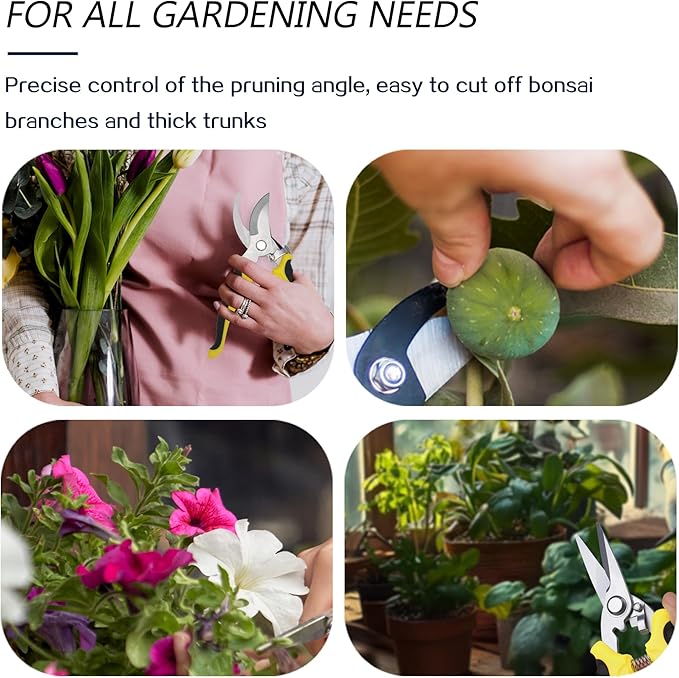 Pruning Shears Gardening Scissors Tools: 3pcs Outdoors&Indoor Garden Clippers, Rose Snips, Plant Clippers, Wood Pruner, Gardener Work Accessories for Flower Arrangement, Yard Landscaping (Yellow)