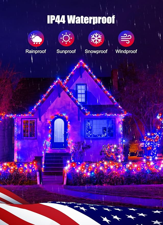Red White Blue String Lights Plug in with Adapter,200 LED 4th of July Decoration Patriotic Mini Lights with Remote, Waterproof for Indoor Bedroom Party Holiday Independence Day