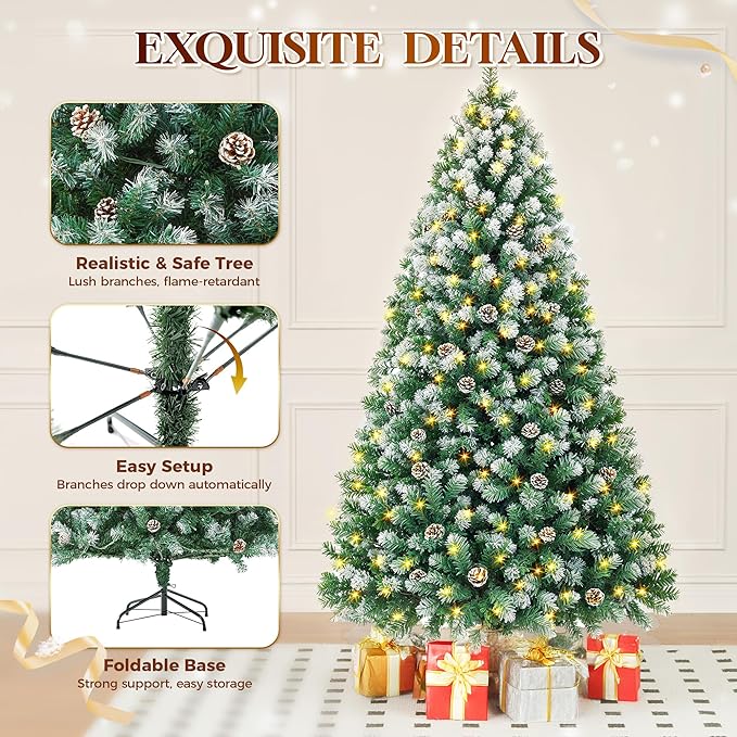 HOLLO STAR 7.5 ft Prelit Christmas Tree with 379 LED Lights, App Control, Artificial Christmas Tree, Multi-Color RGBW Lights, 1476 Flocked Frosted Tips, 86 Pine Cones, Metal Base, for Home, Party