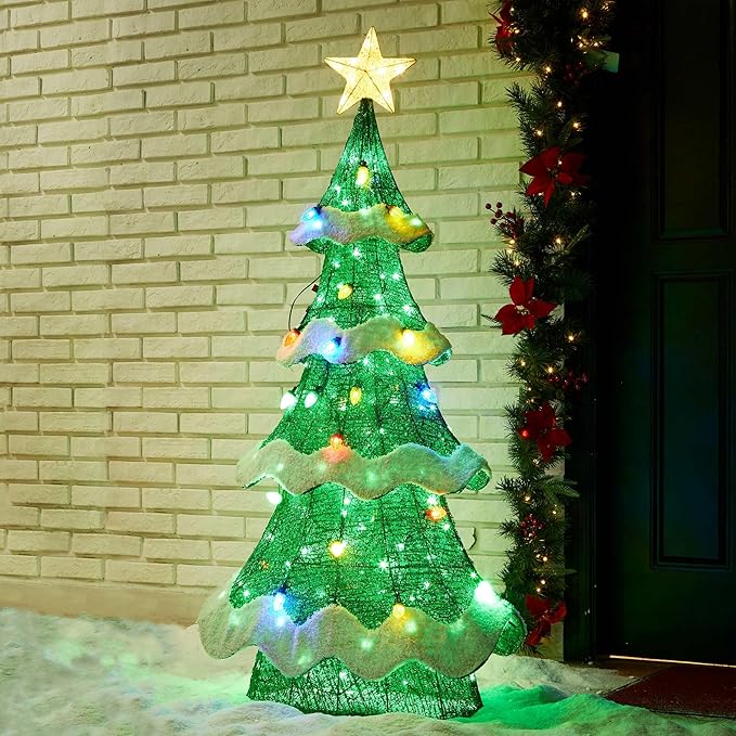 Glitzhome 56.25" H Lighted Christmas 3D Mesh Tree, Outdoor Decor with Colorful Long-Lasting Bulbs Holiday Lawn Ornament Yard Decoration Outdoor and Indoor use Long Lasting, 171 Green LED Lights