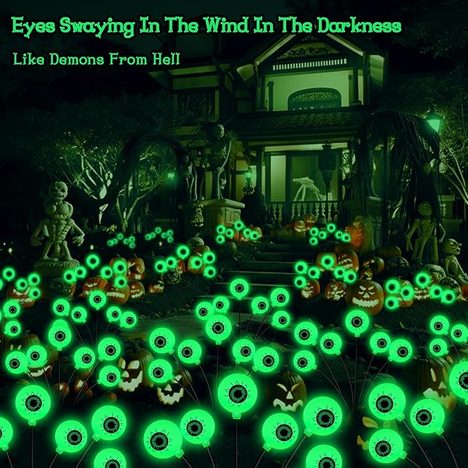 Kohlrabi Halloween Decorations Outdoor, 8 Pack 48 LED Solar Scary Eyeball Swaying Lights, Green Solar Firefly Light Waterproof Outdoor Garden Lights for Halloween Yard Garden Lawn Party Flower Bed