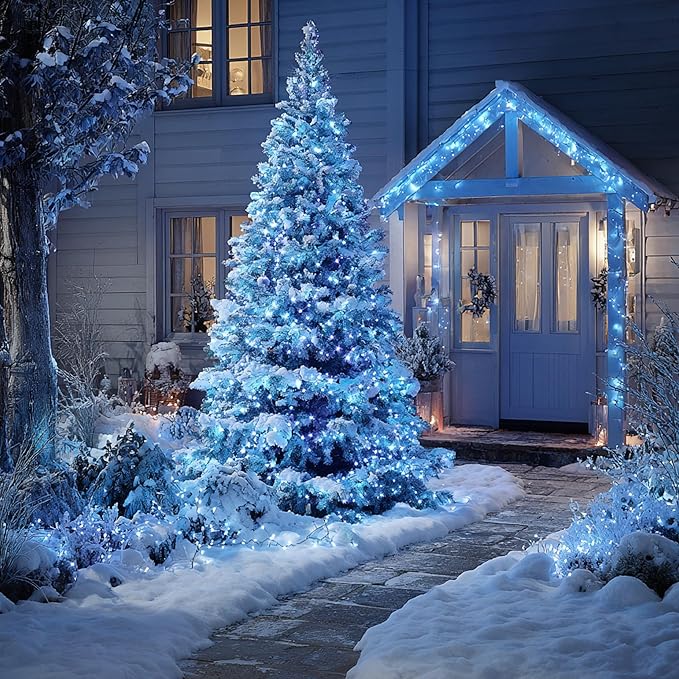 TW SHINE Christmas Lights, 600 LED 196FT Christmas String Lights Plug-in with 8 Modes Timer and Remote, Waterproof Outdoor Decorations for Bedroom Wedding Party Yard Tree Decor, Blue & White