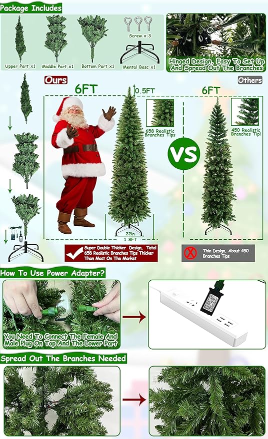 Dual Color Change&Timer 6Ft Prelit Artificial Slim Christmas Tree, 240 Warm White&Colored Lights, 658 Thick Branch Tips, 8 Mode, Fire-Resistant, Metal Stand, UL Plug, Hinged Christmas Xmas Tree Decor