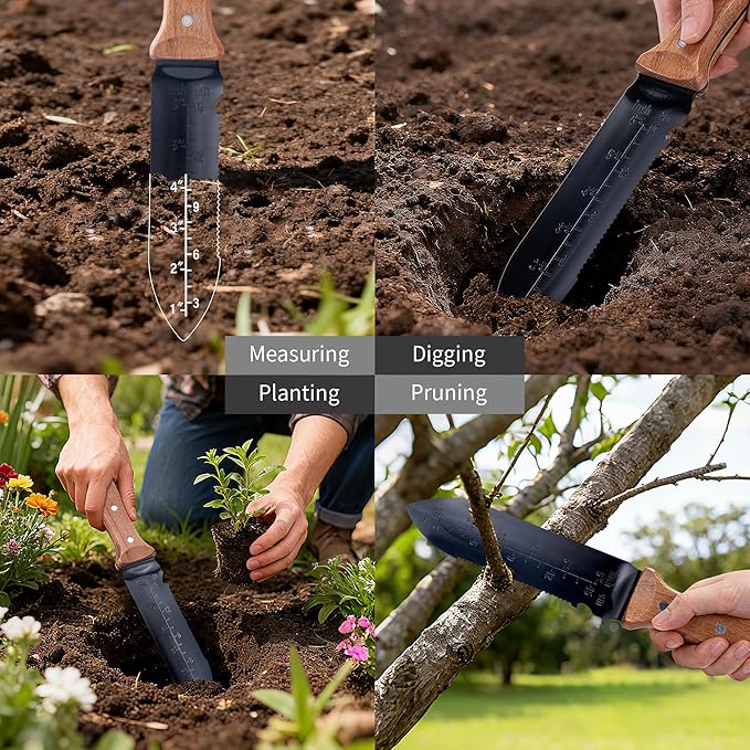 WILLKOMMEN Hori Hori Garden Knife- Garden Tools with Rugged Oxford Cloth Sheath, 7" Stainless Steel Blade for Digging, Weeding & Planting Full Tang Beechwood Handle (Pointed Tip)
