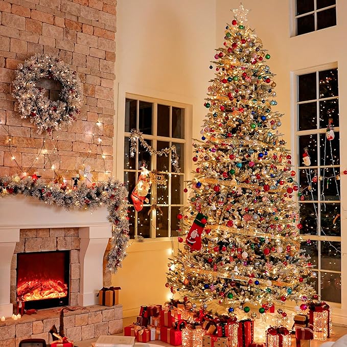 Hykolity 7.5 ft Prelit Snow Flocked Christmas Tree, 2933 PE&PVC Realistic Branch Tips, Artificial Twinkling Christmas Tree with 450 Warm White LED Lights, Metal Stand and Hinged Branches