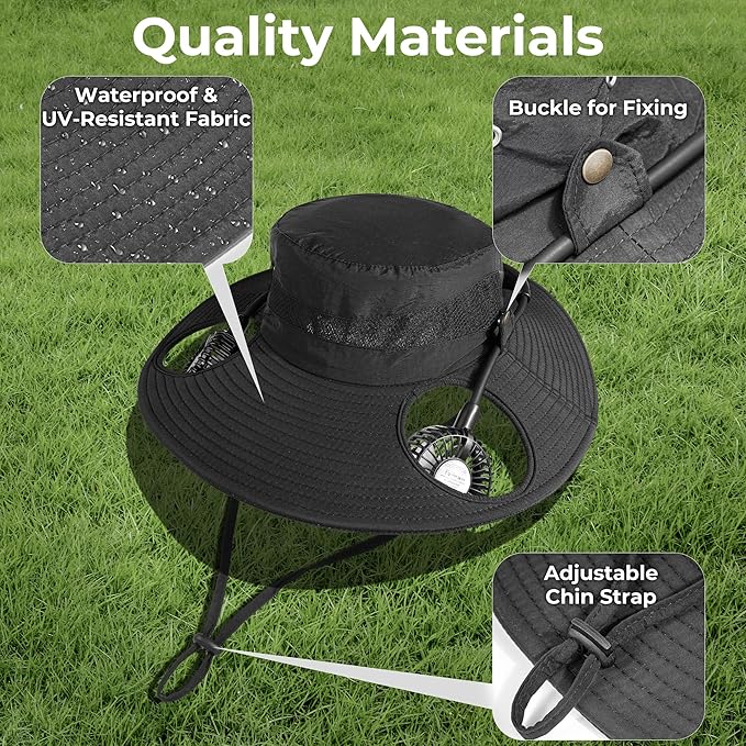 2-in-1 Hands-Free Hat Fan Neck Fan UPF 50+ Wide Brim Sun Hat 16Hrs Running 3-Speed Fishing Essentials for Men Women