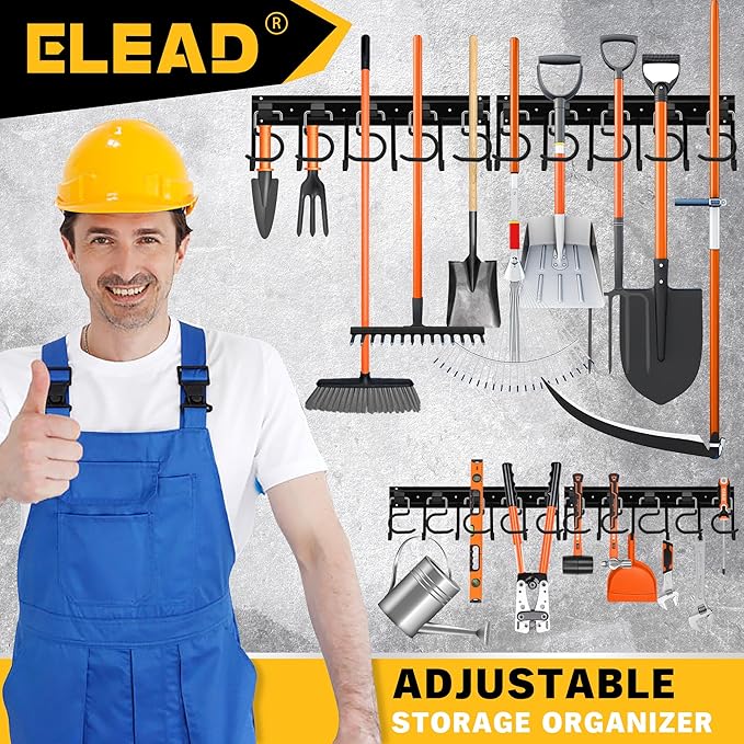 ELEAD 68'' All Metal Adjustable Garden Tool Organizer: Garage Tool Organizer Wall Mount with Black Hooks, Garage Organizers and Storage, Tool Hangers for Shed