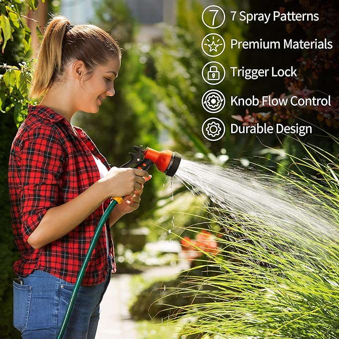 AUTOMAN-Garden-Hose-Nozzle,ABS Water Spray Nozzle with Heavy Duty 7 Adjustable Watering Patterns,Slip Resistant for Watering Plants,Lawn& Garden,Washing Cars,Cleaning,Showering Pets - Orange