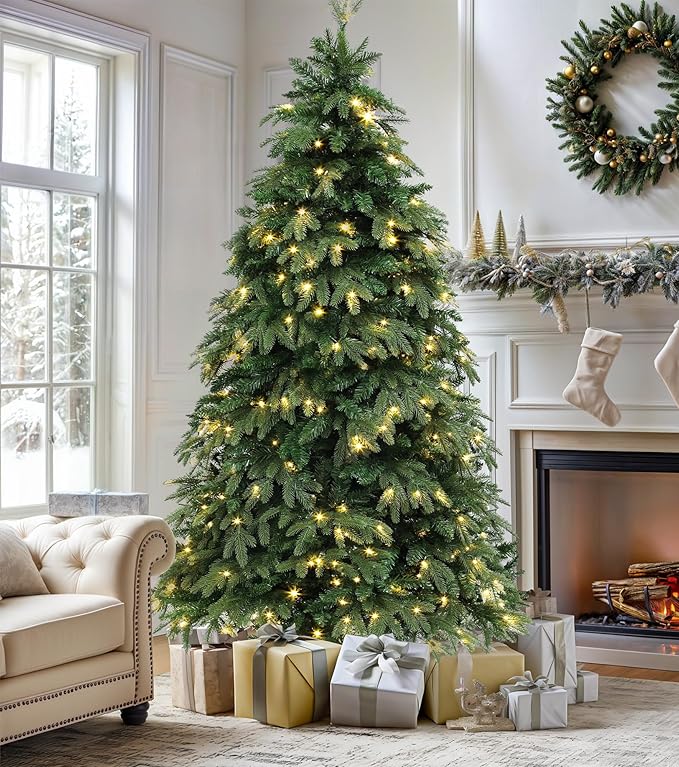 DWVO 6.5ft Pre-lit Artificial Christmas Tree with 1100 Mixed PE & PVC Branch Tips and 350 Lights, Green Christmas Tree, Fit for Home, Office, and Party Decoration