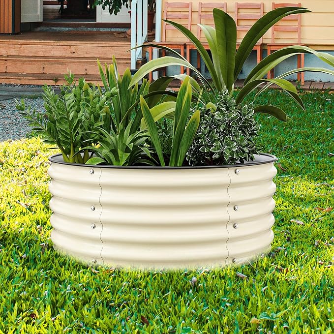 Round Raised Garden Bed Kit, 3.5x3.5x1.4Ft Outdoor Zinc-Aluminum-Magnesium Metal Flower Beds Stainless Steel Patio Ground Planter for Planting Vegetables (Ivory)