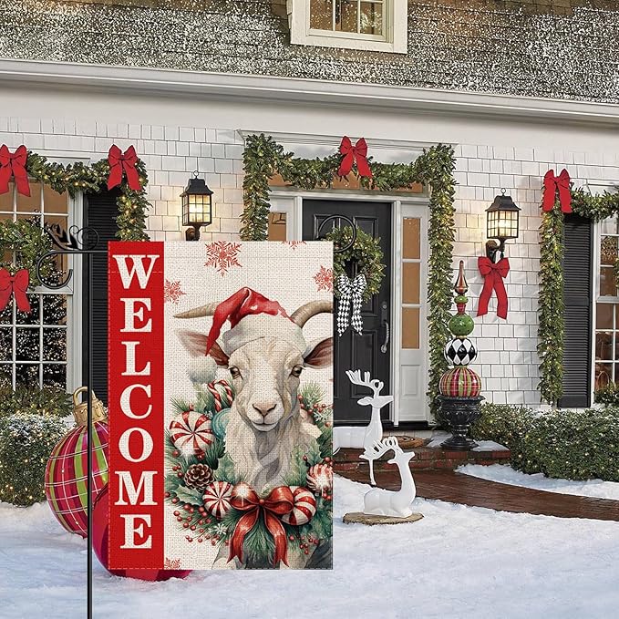 Christmas Garden Flag Welcome Xmas Goat Winter Holiday Decorations Burlap Vertical Double Sided Farmhouse Yard Lawn Outdoor Decor 12.5 x 18 Inch