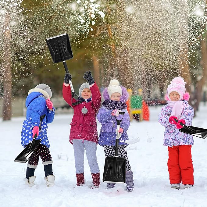4 Pcs Kids Snow Shovels with D-Grip Handle, Adjustable Snow Shovels for Toddlers Boys Girls, Portable & Lightweight Shovel for Garden, Camping, Driveway, Car, Outdoor Activities, Snow Removal (Black)