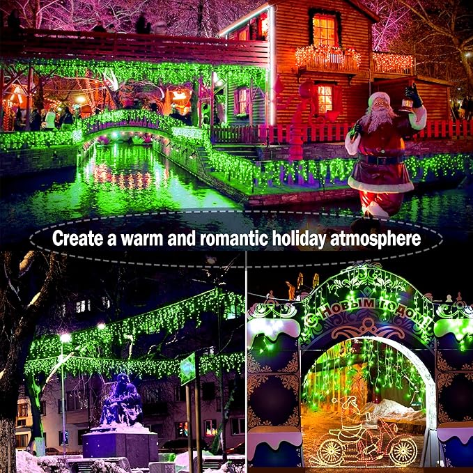 KNONEW 99ft 1216 LED Christmas Lights Outdoor Decorations with 228 Drops, 8 Modes Curtain Fairy Light, Clear Wire LED String Light Decor for Wedding Party Christmas (Green)