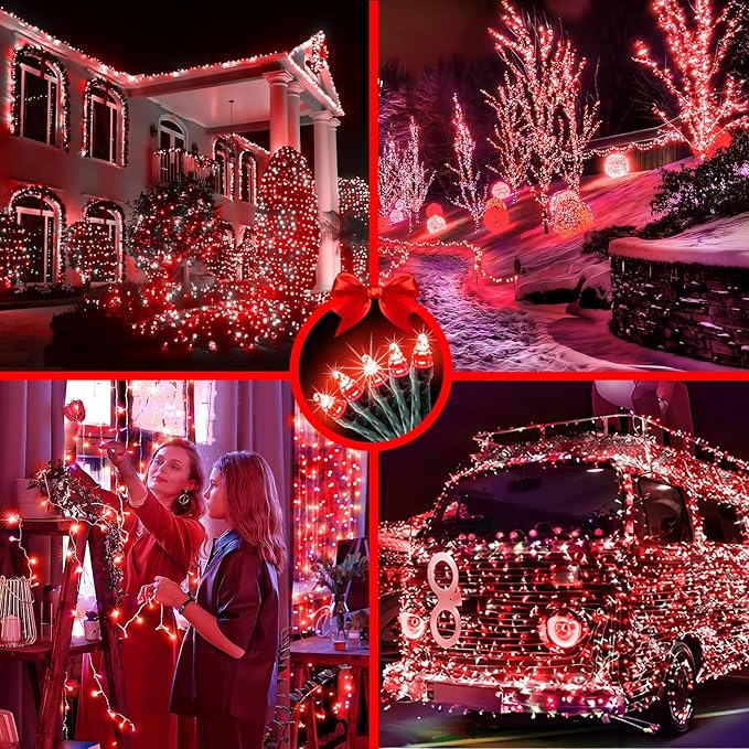 750 LED 256ft Outdoor Christmas Lights, Super Long String Lights 8 Modes Timer Memory, Outsite Waterproof Dark Green Wire Fairy Light Strings for Xmas Tree Wedding Holiday Party Decorations Red