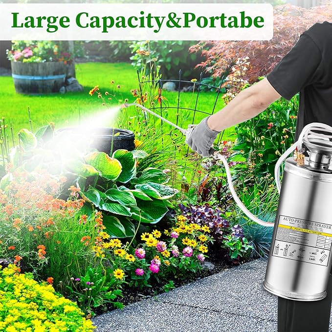 1.5Gal Stainless Steel Pump Up Sprayer Reinforced Hose, Hand Pump Sprayer with Pressure Gauge&Safety Valve, Adjustable Nozzle Suitable for Gardening (1.5 Gallon)