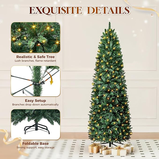 HOLLO STAR 7.5 ft Prelit Christmas Tree with 351 LED Lights, App Control, Artificial Pencil Christmas Tree with Multi-Color RGBW Lights, 1053 Branch Tips, Skinny, Metal Base, for Home, Party