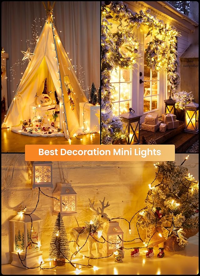 LED Christmas Mini Lights, 2 Pack 39 Feet 100 LED Clear Bulbs String Light with 8 Light Modes, Connectable Fairy Lights Plug in for Outdoor Xmas Trees Garland Wreath Holiday Decorations, Warm White