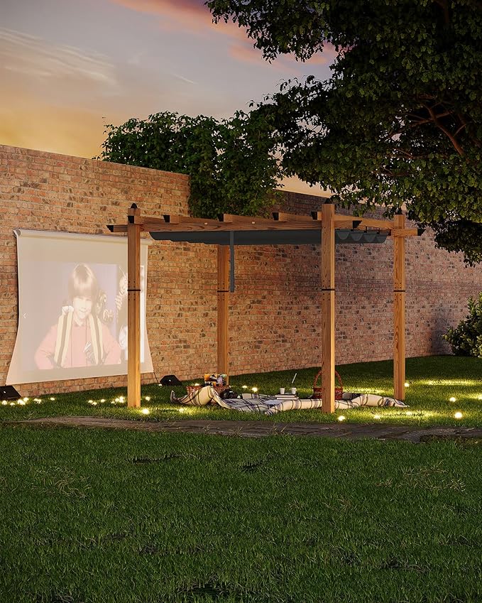 Garvee 10x10 Ft Aluminum Pergola Outdoor Pergola with Retractable Canopy Wood-Grain Sun Shade Shelter for Garden Patio Backyar Deck(Gray)