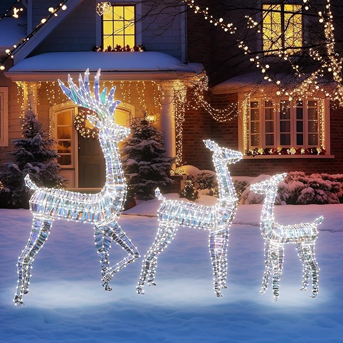 AWQM 3-Piece Lighted Christmas Reindeer, Christmas Deer Family Set, 50+80+100 LED Lights, Indoor or Outdoor Christmas Holiday Decoration for Yards Garden Lawn Patio Light Up Display, Iridescent