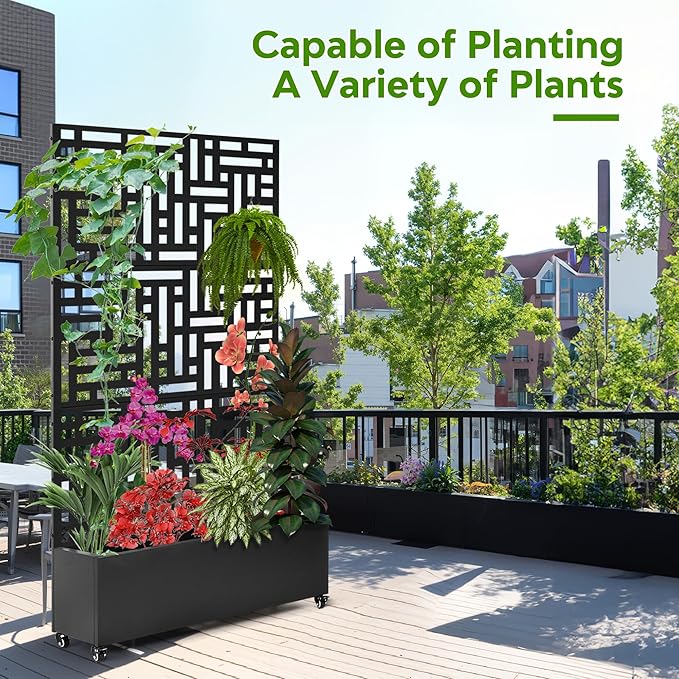 Metal Planter Box with Trellis,71”Raised Garden Bed with Trellis Privacy Screen and Drainage.Wheeled for Patio Flexibility,for Climbing Veggies/Flowers.DIY-Friendly Design