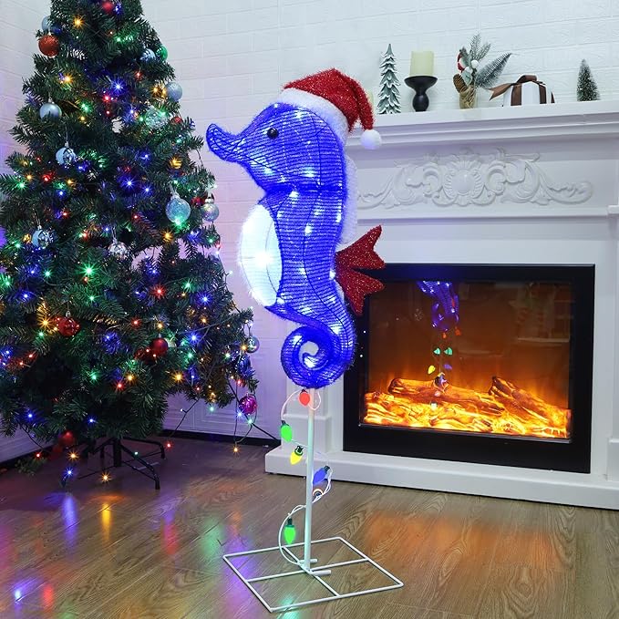 Prsildan Outdoor Christmas Decorations – 40 Inch Colorful LED Seahorse Yard Decor with Santa Hats, Lighted Holiday Lawn Stakes for Porch, Garden, Pathway, Seahorse Figures Xmas Decor (Blue)