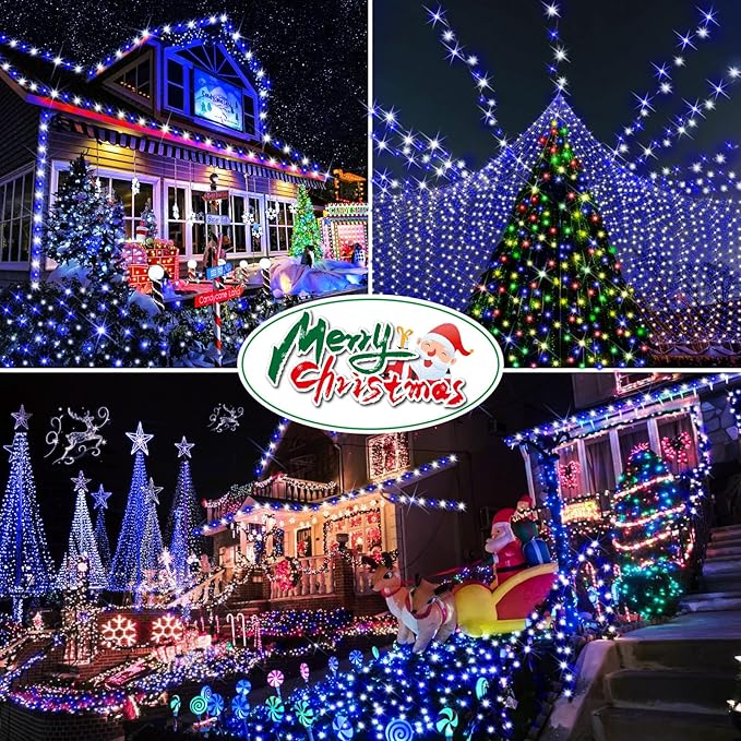 Hezbjiti 1000 LED 403 FT Christmas String Lights Outdoor, 8 Lighting Modes IP44 Waterproof Fairy Lights with Timer and Dimmable Function for Home Party Tree Decorations (Blue+White, Clear Wire)