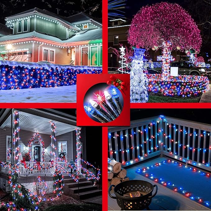 300LED Christmas Lights Outdoor Indoor Use, 12 Lighting Modes 75ft Christmas Tree Lights with Timer, Dimmable Plug in Red White and Blue LED StringLights Waterproof for Yard Tree Wedding Party Holiday