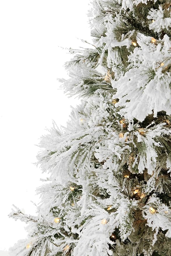 Fraser Hill Farm 7.5-Feet Pre-Lit Snow Flocked Snowy Pine Artificial Christmas Tree with Warm White LED String Lights, Full Silhouette, Realistic Foliage, Stand Included