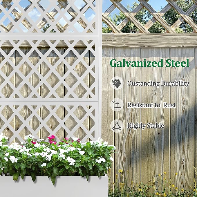 Metal Raised Garden Bed with Trellis and Wheels, 2 in 1 Trellis with Planter Box & Privacy Screen for Climbing Plants, Outdoor Standing Flower Beds with Drainage Holes, 35.4"L x 15.7"W x 70.9"H, White