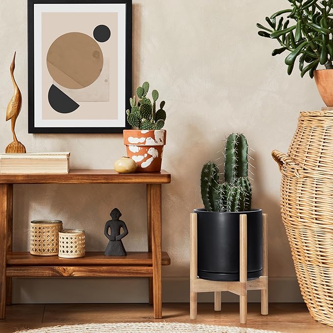 D'vine Dev Ceramic Planter with Natural Stand - 10 Inch Modern Round Flower Pot with Wood Planter Holder, Black, 55-B-K-2