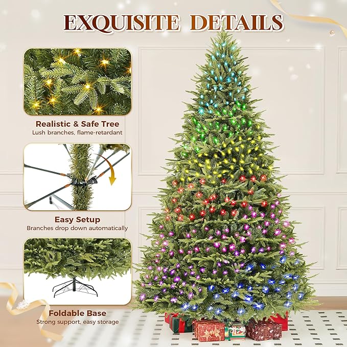 HOLLO STAR 9 ft Prelit Christmas Tree with 1200 LED Lights, App Control, Aspen Artificial Christmas Tree, Multi-Color RGBW Lights, 4432 PE & PVC Branch Tips, for Home, Party