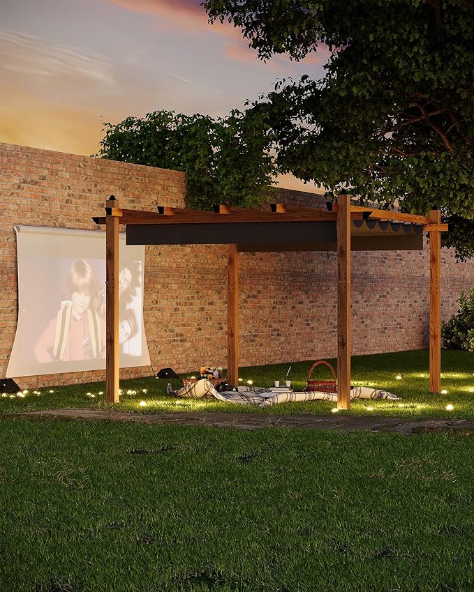 Garvee 10x13 Ft Outdoor Pergola with Retractable Canopy Upgraded Aluminum Imitation Wood Grain Metal Patio Pergola for Modern Backyard Deck Porch Grape Trellis(Gray)