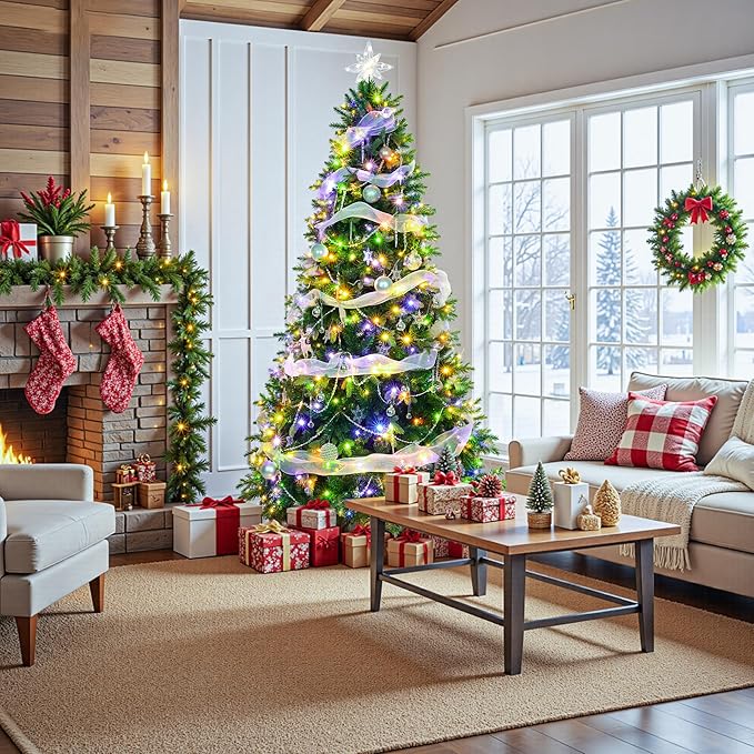 Thalassophile 6.5ft Pre-Lit Full Christmas Tree with Rotating Stand, Prelit Rotating Artificial Hinged Realistic Xmas Tree with Remote, 340 Lights Warm White & Multi Color, 1036 Branch Tips, Green