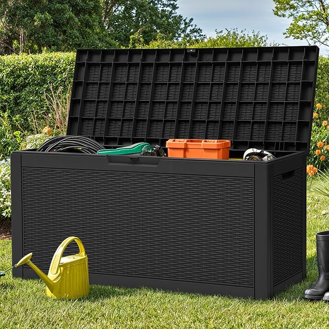 YITAHOME 60 Gallon Outdoor Storage Box, Large Water Resistant Resin Deck Box, Indoor Outdoor Lockable Rattan Storage Container for Patio, Garden, Cushions, Tools, Equipment (Black)