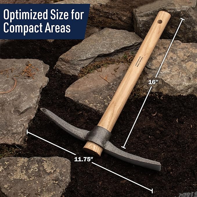 16” Hand Pick Axe - Forged Steel Pickaxe for Digging, Loosening Soil, or Weeding Tool - Dual Headed Adze Garden Hoe and Pick Mattock Digging Tool with Wood Handle by Kings County Tools